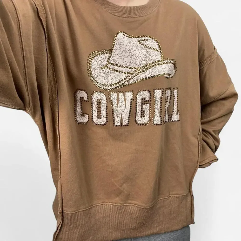 Cowgirl studded sweatshirt cozy tan sweatshirt - Picture 2 of 8